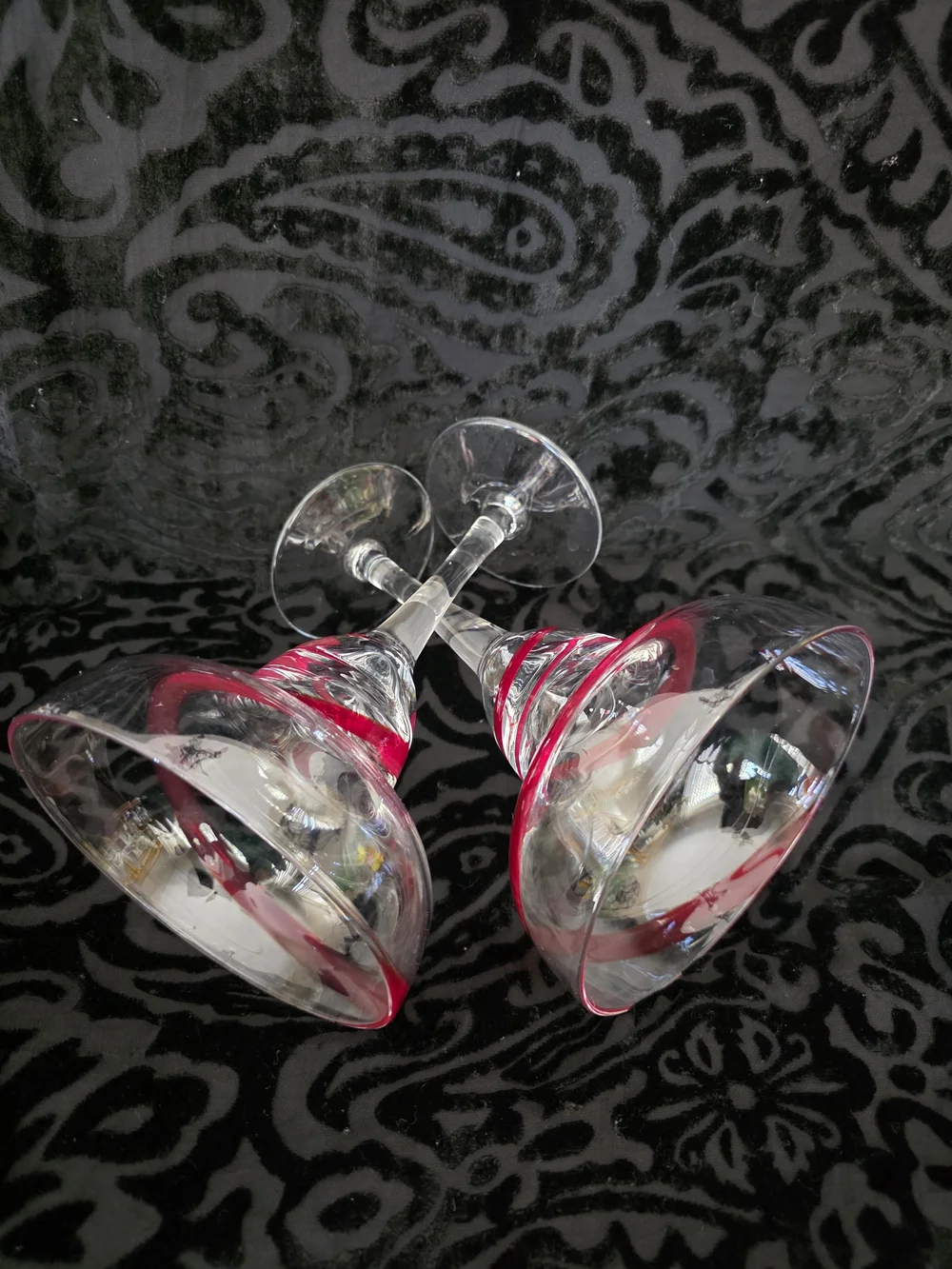 Vintage Pier 1 Clear Coupe Glasses with Red Swirl Accent - Set of 2